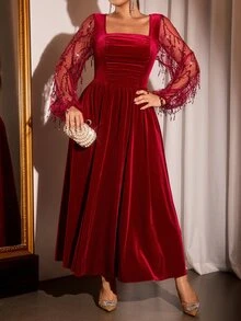 Cravure Plus Size Women's Fall Beaded Tassel Patchwork Velvet Elegant Square Neck A-Line Long Sleeve Maxi Dress Cocktail Formal Christmas New Year Red - Burgundy - View 4