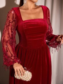 Cravure Plus Size Women's Fall Beaded Tassel Patchwork Velvet Elegant Square Neck A-Line Long Sleeve Maxi Dress Cocktail Formal Christmas New Year Red - Burgundy - View 3