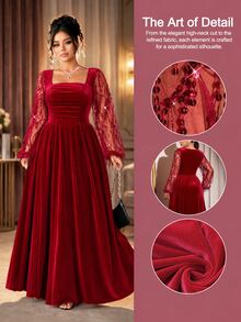 Cravure Plus Size Women's Fall Beaded Tassel Patchwork Velvet Elegant Square Neck A-Line Long Sleeve Maxi Dress Cocktail Formal Christmas New Year Red - Burgundy - View 1