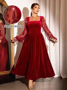 Cravure Plus Size Women's Fall Beaded Tassel Patchwork Velvet Elegant Square Neck A-Line Long Sleeve Maxi Dress Cocktail Formal Christmas New Year Red - Burgundy - View 7