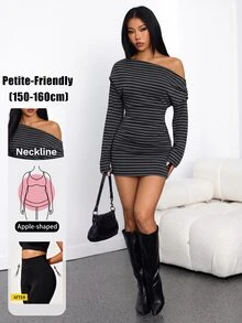 Vivamere Women's Fashion Sexy Solid Color Asymmetric Neck Mini Dress, Striped Elegant Casual Outfit - Black - View 6