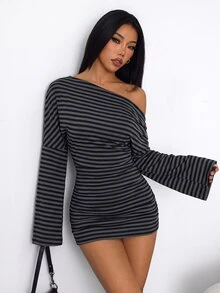 Vivamere Women's Fashion Sexy Solid Color Asymmetric Neck Mini Dress, Striped Elegant Casual Outfit - Black - View 2