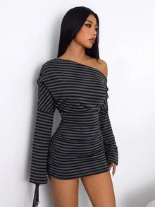 Vivamere Women's Fashion Sexy Solid Color Asymmetric Neck Mini Dress, Striped Elegant Casual Outfit - Black - View 9