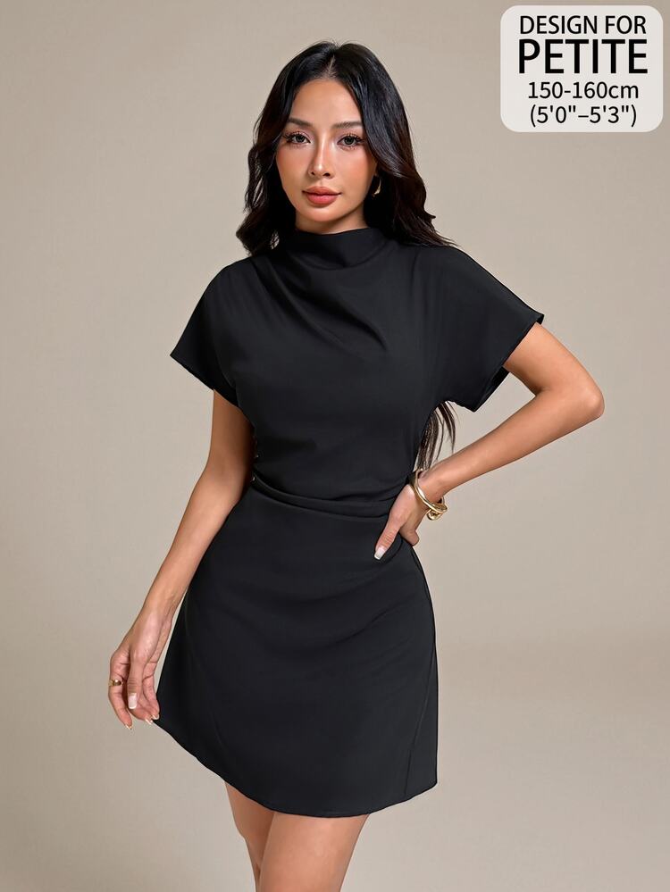 SHEIN PETITE 女款素色百褶休閒日常夏季迷你洋裝 - 黑色 - 查看 8