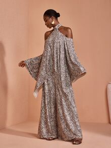 JIAN LASALA Knit Bell Sleeve Halter Neckline Uneven Hemline Jumpsuit Vacation Holiday Casual - Multicolor - View 5