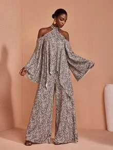 JIAN LASALA Knit Bell Sleeve Halter Neckline Uneven Hemline Jumpsuit Vacation Holiday Casual - Multicolor - View 7