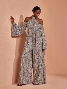 JIAN LASALA Knit Bell Sleeve Halter Neckline Uneven Hemline Jumpsuit Vacation Holiday Casual - Multicolor - View 1
