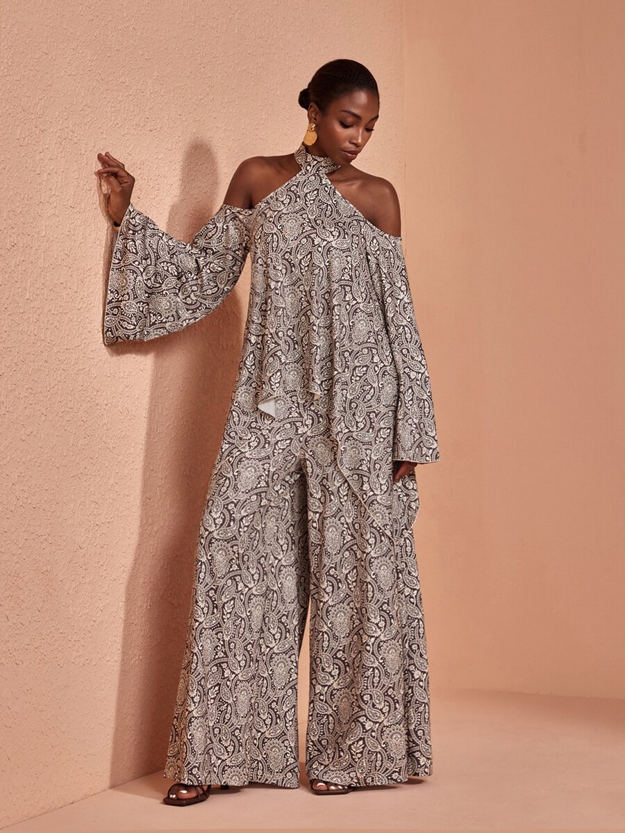 JIAN LASALA Knit Bell Sleeve Halter Neckline Uneven Hemline Jumpsuit Vacation Holiday Casual - Multicolor - View 1