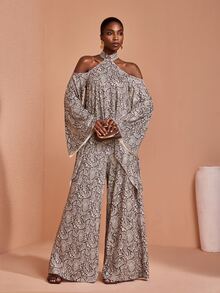 JIAN LASALA Knit Bell Sleeve Halter Neckline Uneven Hemline Jumpsuit Vacation Holiday Casual - Multicolor - View 4