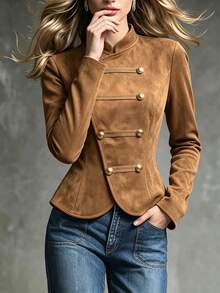 LUMIGAL Women's Elegant Button Waist Long Sleeve Top For Vacation - Brown - View 6