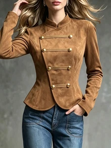 LUMIGAL Women's Elegant Button Waist Long Sleeve Top For Vacation - Brown - View 3
