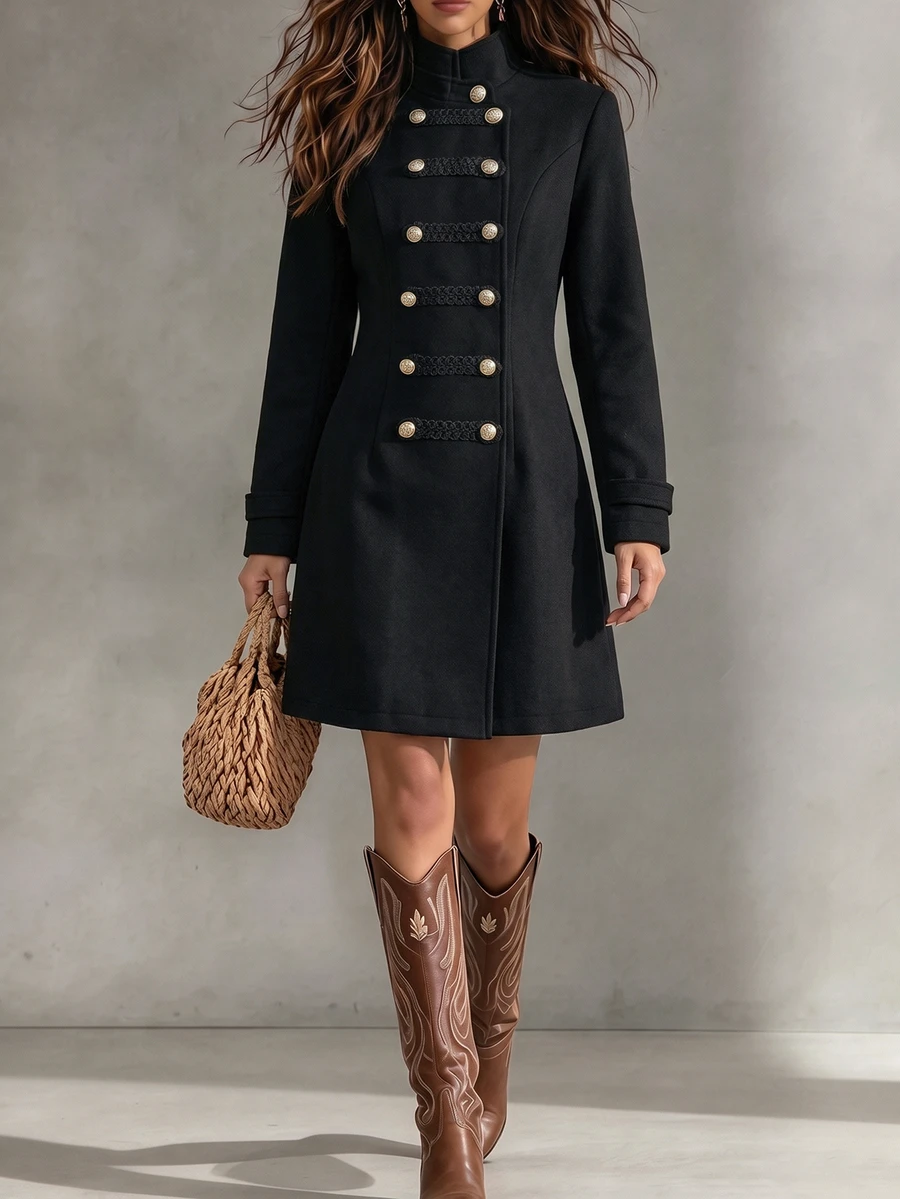 Balvessa Women's Autumn/Winter Solid Color Long Sleeve Metal Double-Breasted Elegant Overcoat - Black - View 1