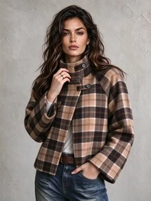 SHEIN Vintage Casual Elegant Brown Plaid Stand Collar Short Wool Jacket Women Fall Loose Raglan Sleeve Plaid Overcoat Thanksgiving Daytime Everyday - Brown - View 7