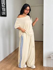 Coolane 女款大尺碼夏秋休閒街頭風基礎日常穿著度假居家露肩T恤與寬腿運動長褲 米色萬聖節 - 杏色 - 查看 5