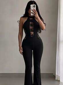 SHEIN SXY Women's Lace Patchwork Halter Tie Flare Leg Jumpsuit - Black - View 5