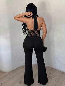 SHEIN SXY Women's Lace Patchwork Halter Tie Flare Leg Jumpsuit - Black - View 2