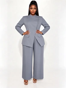 Poshavie Poshavie Mandarin Collar LongSleeve TwoPiece Suit Set, Blazer With Asymmetric Buttons & Hem Slit, WideLeg Pants With Side Pockets, Stylish Fusion Outfit For - Grey - View 5