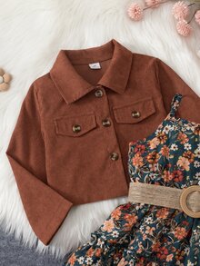 SHEIN 女童 2 件組生日套裝，紫色翻領長袖短款燈芯絨外套 + 花卉細肩帶背心裙 - 棕色 - 查看 7