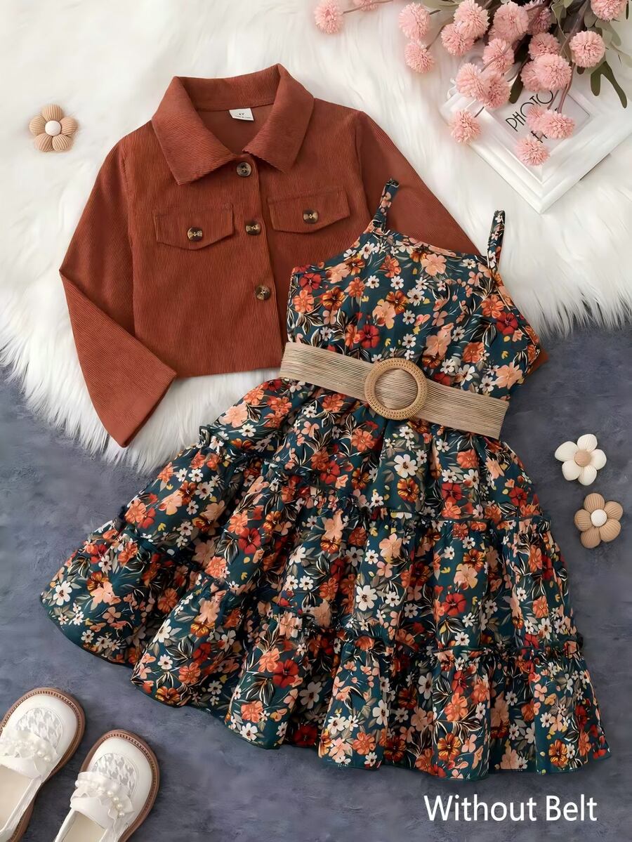 SHEIN 女童 2 件組生日套裝,紫色翻領長袖短款燈芯絨外套 + 花卉細肩帶背心裙 - 棕色 - 查看 1