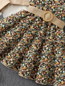 SHEIN 女童燈芯絨夾克與花卉細肩帶生日洋裝 2 件套，翻領燈芯絨短款長袖夾克搭配內層花卉細肩帶洋裝 - 棕色 - 查看 6