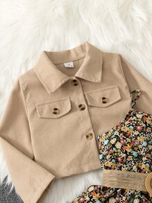SHEIN 女童燈芯絨夾克與花卉細肩帶生日洋裝 2 件套，翻領燈芯絨短款長袖夾克搭配內層花卉細肩帶洋裝 - 棕色 - 查看 4