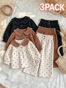 SHEIN Vintaside Kids 3件組幼女寬腿長褲，甜美多色波點燈芯絨，紙袋腰鬆寬版，休閒假日秋季公主風Y2K彈性高腰褲 - 彩色 - 查看 1