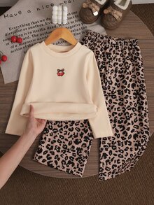 SHEIN Young Girl Cherry Pattern Long Sleeve T-Shirt Leopard Print Pants Casual Western Baby Matching Mommy Daughter 7th Birthday Gifts Outfit Brown Fall - Beige - View 4