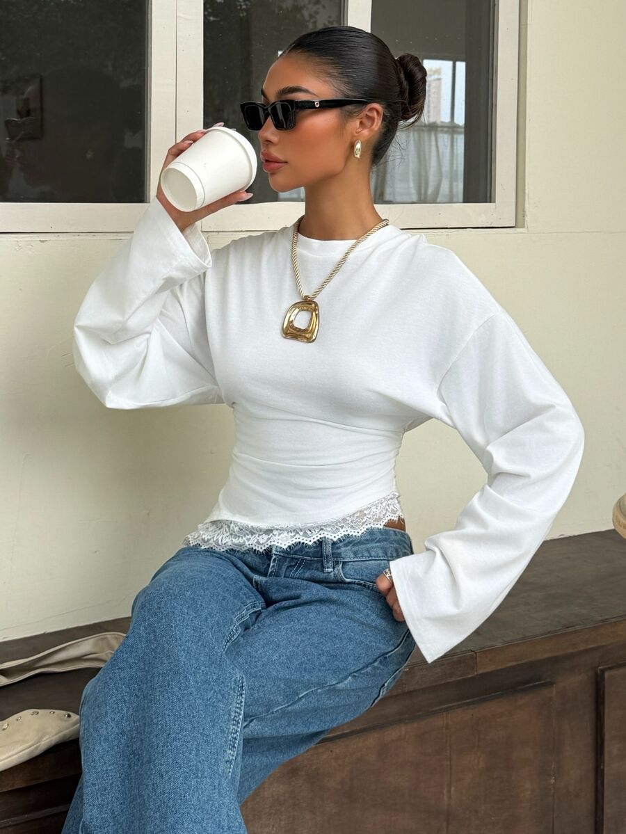 Muchica White Knit Round Neck Lace Patchwork Long Sleeve T-Shirt Everyday Fall Casual - White - View 1