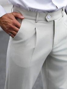 Manfinity Mode Men's Apricot Italian Style Diagonal Button Waist Double Pleated Wrinkle-Resistant Casual Commute Business Suit Pants - Apricot - View 4