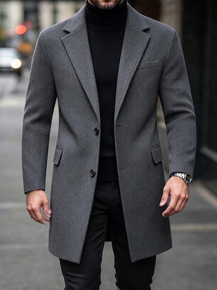 Manfinity Mode Men's Dark Gray Notch Lapel British Style Business Casual Elegant Overcoat - Dark Grey - View 1