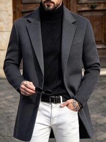 Manfinity Mode Men's Dark Gray Notch Lapel British Style Business Casual Elegant Overcoat - Dark Grey - View 5