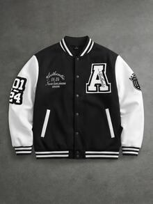Manfinity Roughcore Men's Baseball Jacket Open Front Sweatshirt, Large Letter Towel Applique Embroidery, Dual Pocket Design, Fashionable Minimalist Style, Suitable For Men's Casual Vacation, Friends Date, Cocktail Party, Salon, Gathering, Dinner, Daily Office, Minimalist Business, Especially Suitable For Autumn/Winter Season, Perfect For Personal Wear Or As A Souvenir Gift For Friends - Black and White - View 1