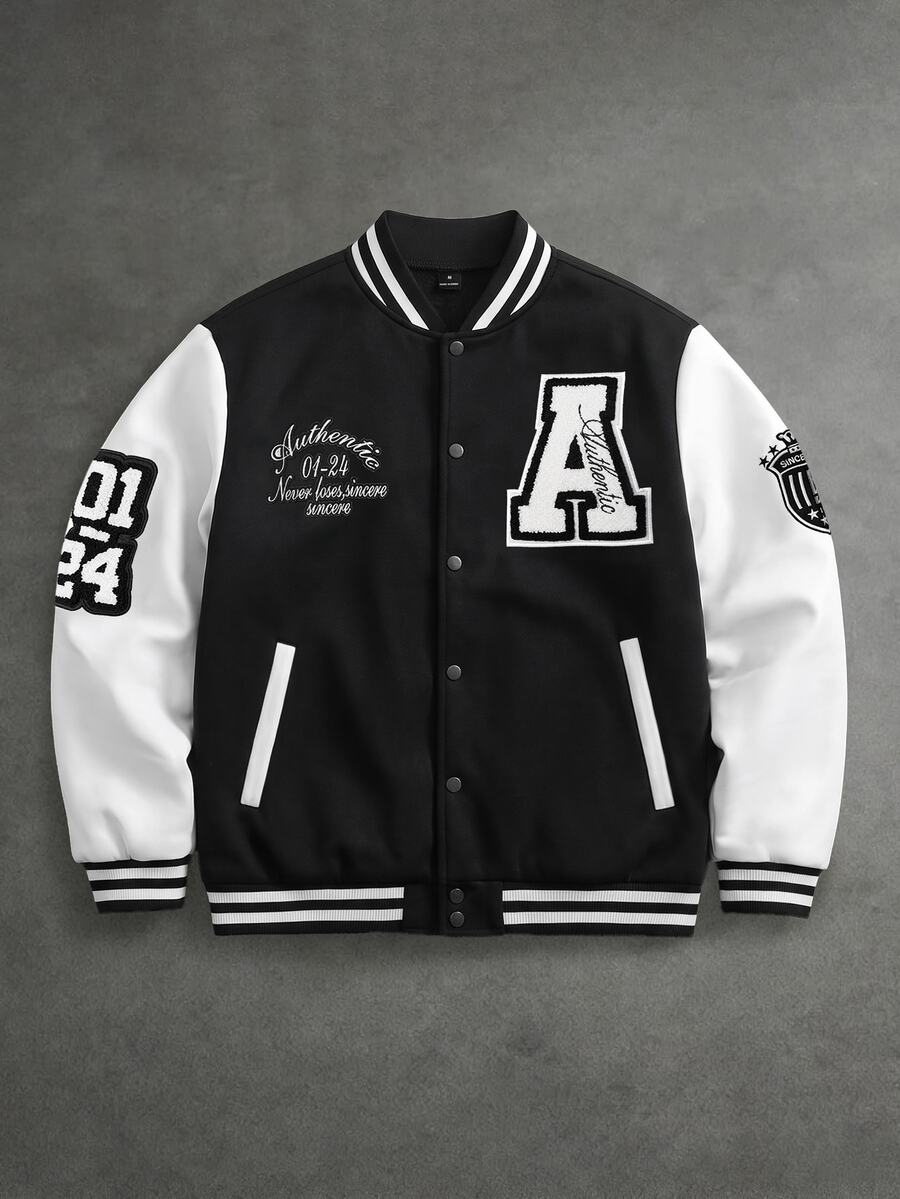 Manfinity Roughcore Men's Baseball Jacket Open Front Sweatshirt, Large Letter Towel Applique Embroidery, Dual Pocket Design, Fashionable Minimalist Style, Suitable For Men's Casual Vacation, Friends Date, Cocktail Party, Salon, Gathering, Dinner, Daily Office, Minimalist Business, Especially Suitable For Autumn/Winter Season, Perfect For Personal Wear Or As A Souvenir Gift For Friends - Black and White - View 1