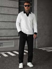 Manfinity Homme Men's Colorblock Long Sleeve Polo Shirt And Drawstring Waist Pants Casual Set - White - View 4