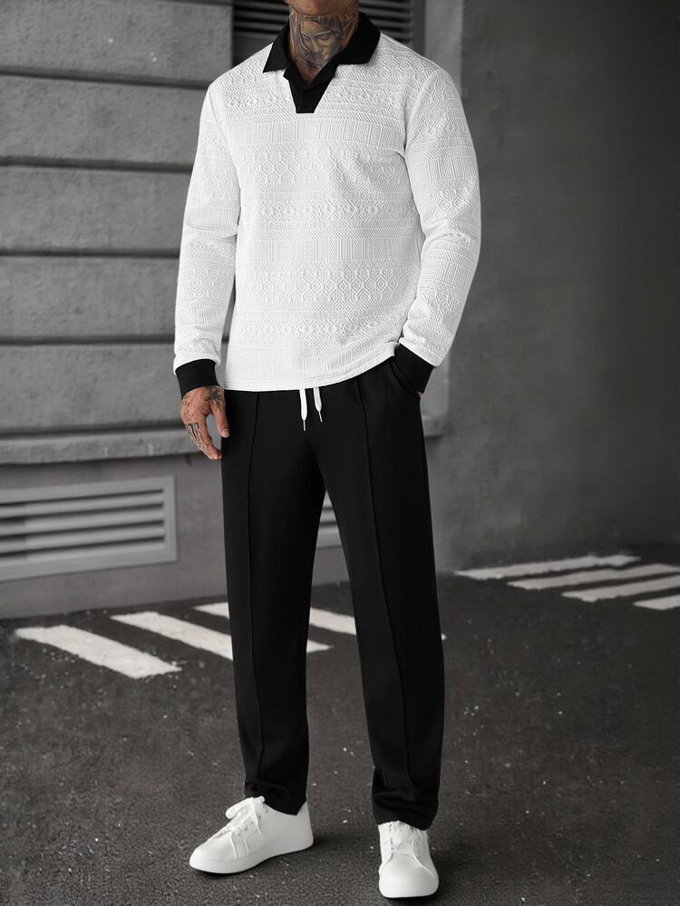 Manfinity Homme Men's Colorblock Long Sleeve Polo Shirt And Drawstring Waist Pants Casual Set - White - View 5
