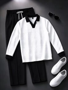 Manfinity Homme Men's Colorblock Long Sleeve Polo Shirt And Drawstring Waist Pants Casual Set - White - View 1