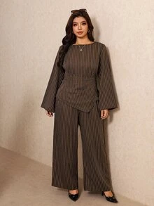 Elaquor Plus Size Women's Striped Bell Sleeve Shirt And Wide Leg Pants Casual Elegant 2 Pieces Set For Women Fall/Winter Casual Daily Going Out Set For Women - Coffee Brown - View 5