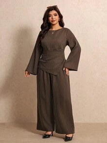 Elaquor Plus Size Women's Striped Bell Sleeve Shirt And Wide Leg Pants Casual Elegant 2 Pieces Set For Women Fall/Winter Casual Daily Going Out Set For Women - Coffee Brown - View 6