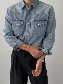 DAZY Áo khoác denim nam cài nút đơn phong cách thường ngày mặc hàng ngày - Màu xanh lam - Xem 2