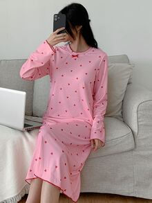DAZY Heart Pattern All-Over Print Loose Long T-Shirt Nightgown Dress For Women - Dusty Pink - View 3