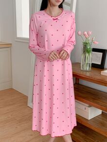 DAZY Heart Pattern All-Over Print Loose Long T-Shirt Nightgown Dress For Women - Dusty Pink - View 1