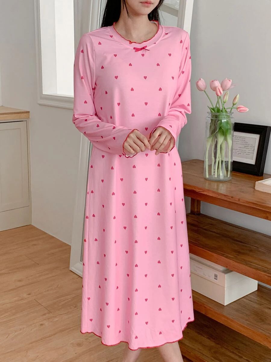 DAZY Heart Pattern All-Over Print Loose Long T-Shirt Nightgown Dress For Women - Dusty Pink - View 1