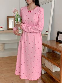 DAZY Heart Pattern All-Over Print Loose Long T-Shirt Nightgown Dress For Women - Dusty Pink - View 6