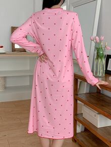 DAZY Heart Pattern All-Over Print Loose Long T-Shirt Nightgown Dress For Women - Dusty Pink - View 2