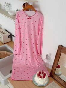 DAZY Heart Pattern All-Over Print Loose Long T-Shirt Nightgown Dress For Women - Dusty Pink - View 7