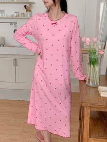 DAZY Heart Pattern All-Over Print Loose Long T-Shirt Nightgown Dress For Women - Dusty Pink - View 5