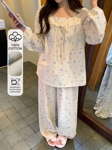 DAZY Sweet Floral 100% Pure Cotton Loose Long Sleeve Top & Straight Leg Long Pajama Pants 2-Piece Set Women's Sleepwear - Apricot - View 3