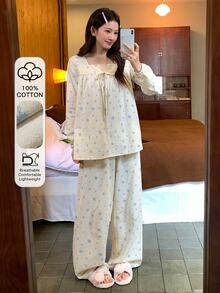 DAZY Sweet Floral 100% Pure Cotton Loose Long Sleeve Top & Straight Leg Long Pajama Pants 2-Piece Set Women's Sleepwear - Apricot - View 6