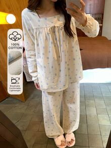 DAZY Sweet Floral 100% Pure Cotton Loose Long Sleeve Top & Straight Leg Long Pajama Pants 2-Piece Set Women's Sleepwear - Apricot - View 7
