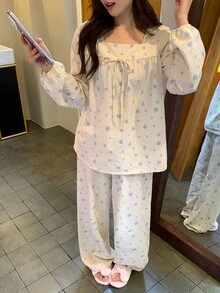 DAZY Sweet Floral 100% Pure Cotton Loose Long Sleeve Top & Straight Leg Long Pajama Pants 2-Piece Set Women's Sleepwear - Apricot - View 14